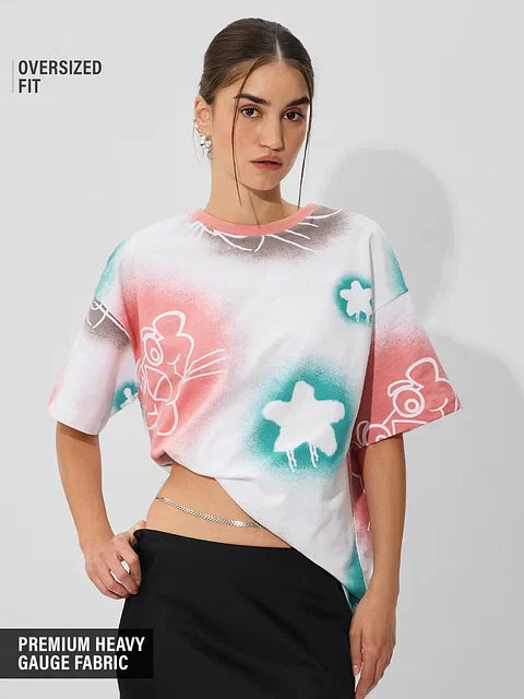 Pink Panther Paws & Paint Women Oversized T-Shirts