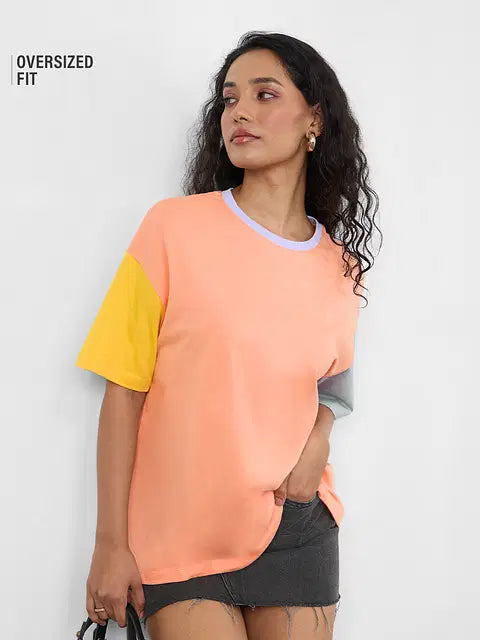 Yellow, Pink & Grey Colourblock Women Oversized T-Shirts