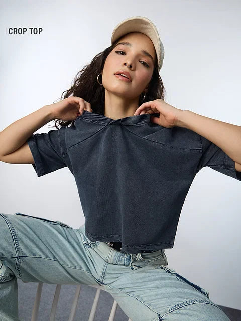 Acid Wash Tee Blue Women Oversized Cropped T-Shirts