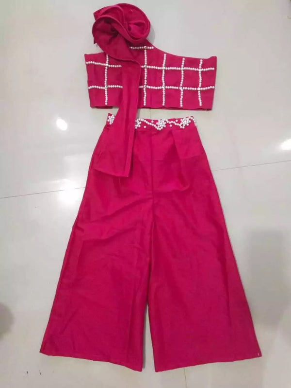 Elegant Bright Pink Cotton Palazzo and One-Shoulder Top Set