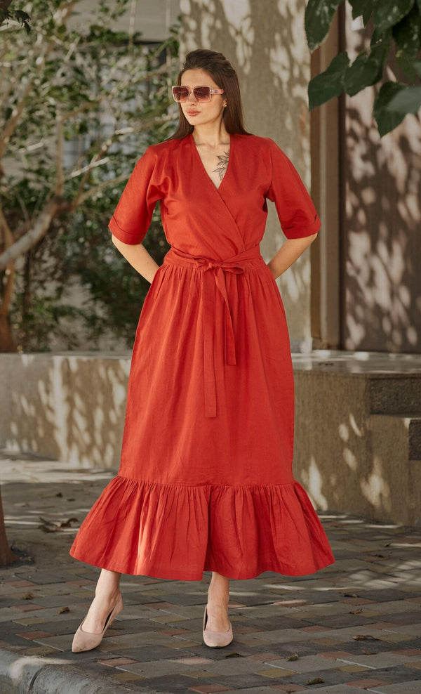 Linen V- Neck half Sleeve With Adjustable Maxi Dress