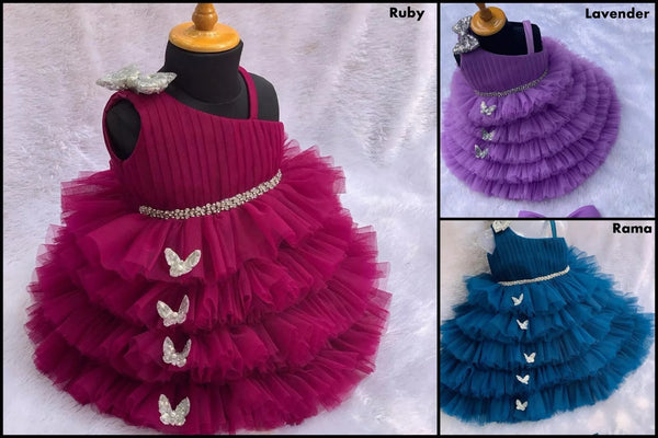 Lovely Sequins Bow and Diamond Belt Net Frock for Baby Girls
