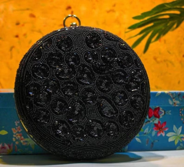 CLASSIC BLACK sequins and bead work round clutch