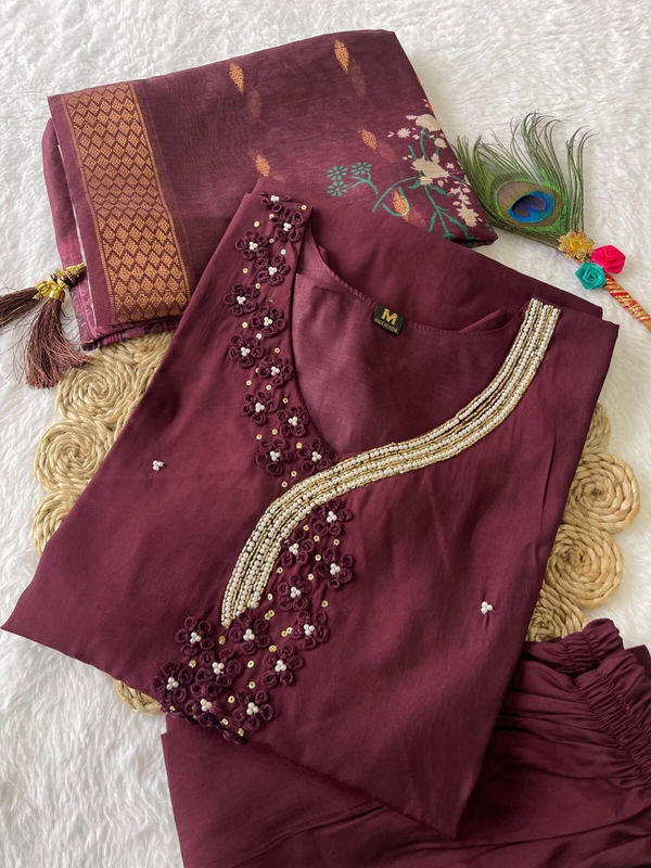 Trending Women's wear Full Stitched Premium Roman SilkTop Pant & Dupatta Set