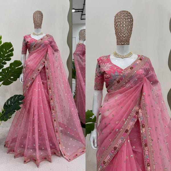 Pink Heavy Soft Tissue Organza Silk Saree, Wedding Wear Sari With Blouse