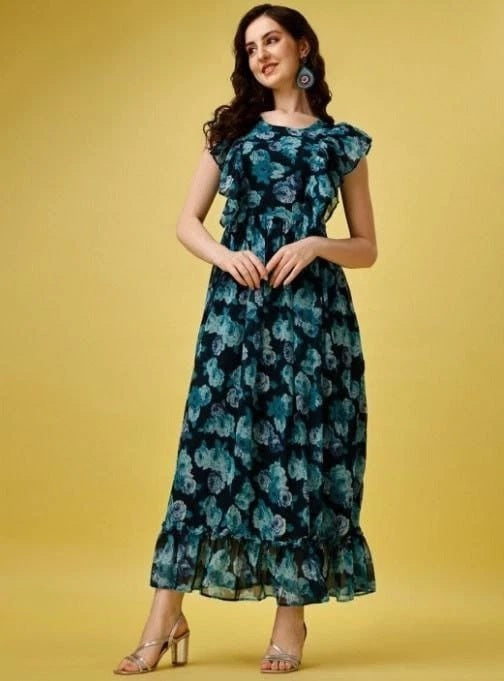 Elegant Beautiful Georgette Printed Long Flared Dress Gown