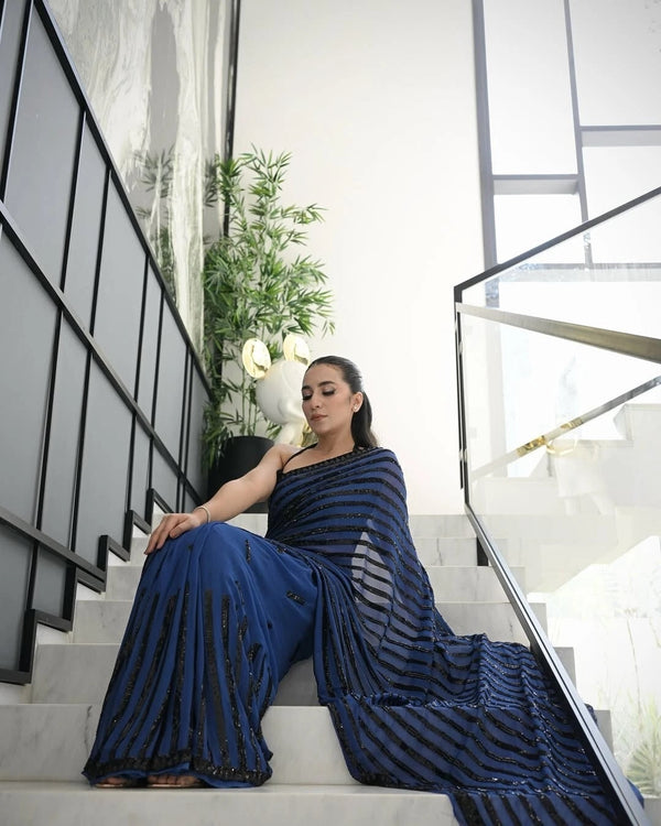 Party Wear Georgette With Embroidery Sequence Work Saree With Blouse