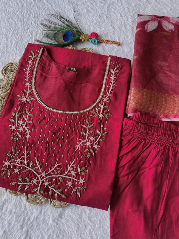 Premium Roman Silk Designers Kurti Pent Dupatta Set