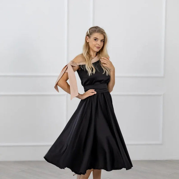 Satin Black Bridesmaid Dress - One Shoulder Satin Dress