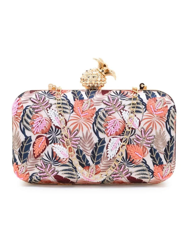 New Printed Satin Botanical Embroidered Clutch