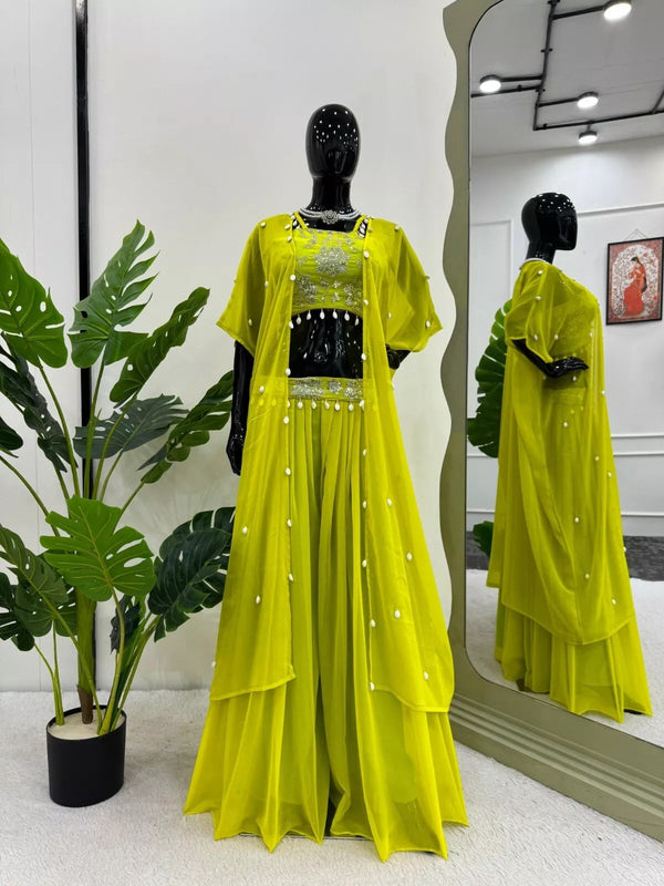 Georgette Sequence & Kodi Lace Border Choli Sharara With Koti