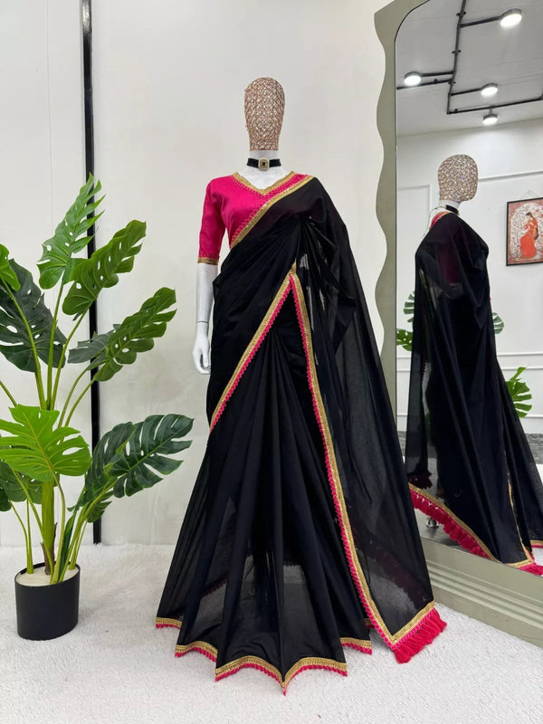 Cotton Saree With Blouse, Wedding Sari With Heavy Latkan On Pallu