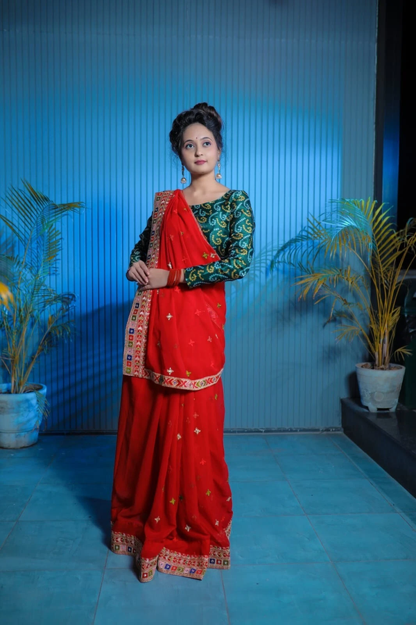 Designer Fancy Faux Georgette Embroidery With Real Mirror Work Saree & Blouse 11-RV