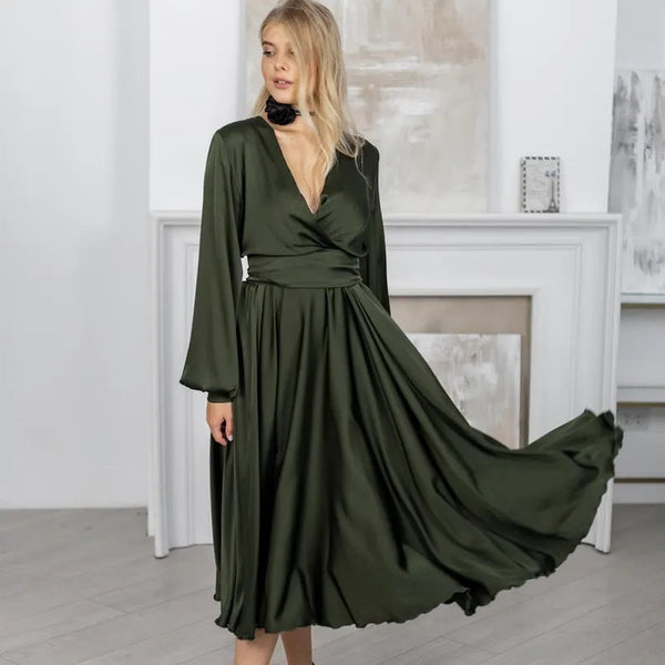 Olive Green Bridesmaid Dress V-Neck Satin Dress