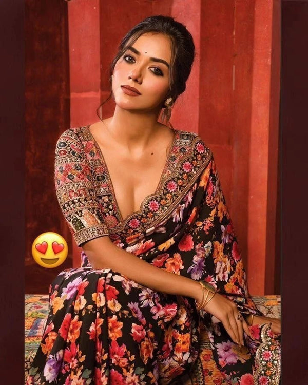 Designer Printed Soft Georgette Saree, Embroidery Heavy Sequence Work Sari & Blouse