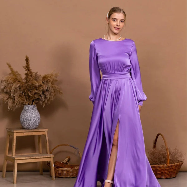 Purple Wedding Guest Dress Open Back Dress Long Slit Dress