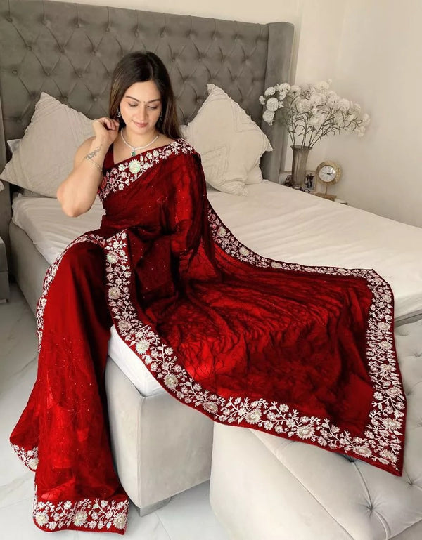 Georgette With Designer Floral Embroidery Work Sari & Blouse