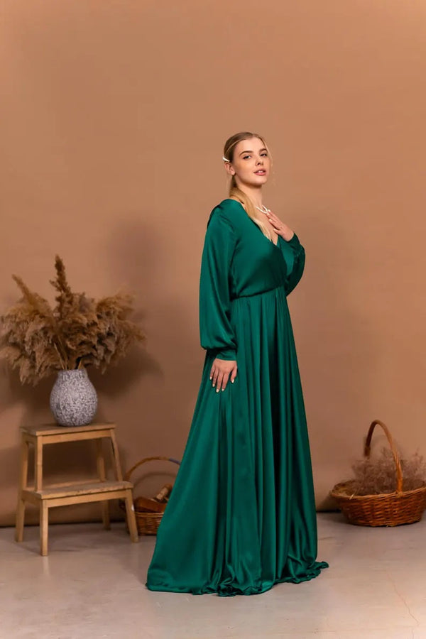 Satin Open Back Dress Emerald Green Evening Dress