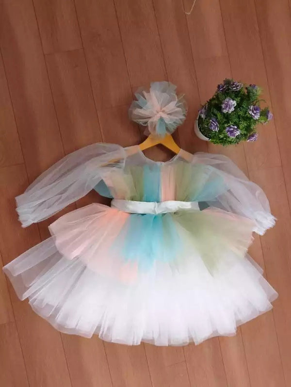 Little Girl's Net Full Flair With Multi Color Dress