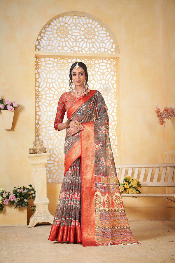 Colourful Pure Linen Saree With Digital Print Saree With Blouse
