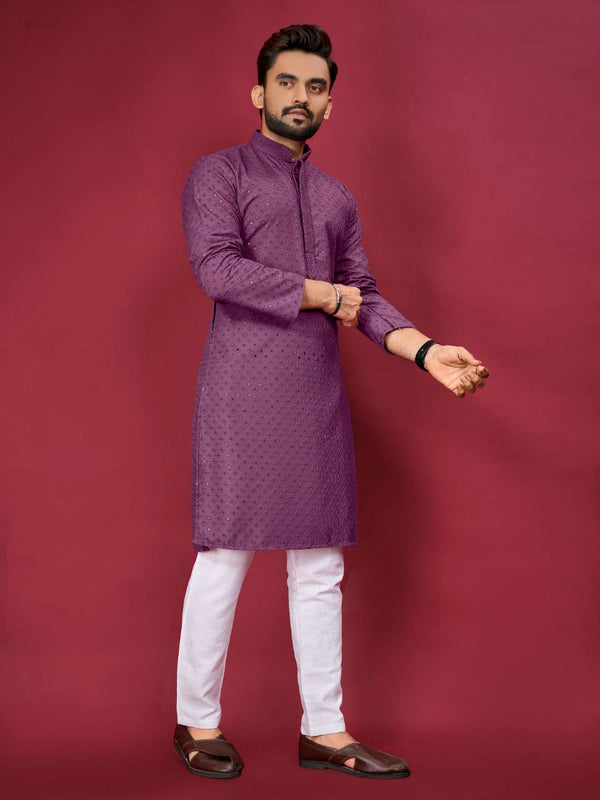 Cotton Luckhnowi Work With Embroidery Work Kurta Pajama Set For Men's