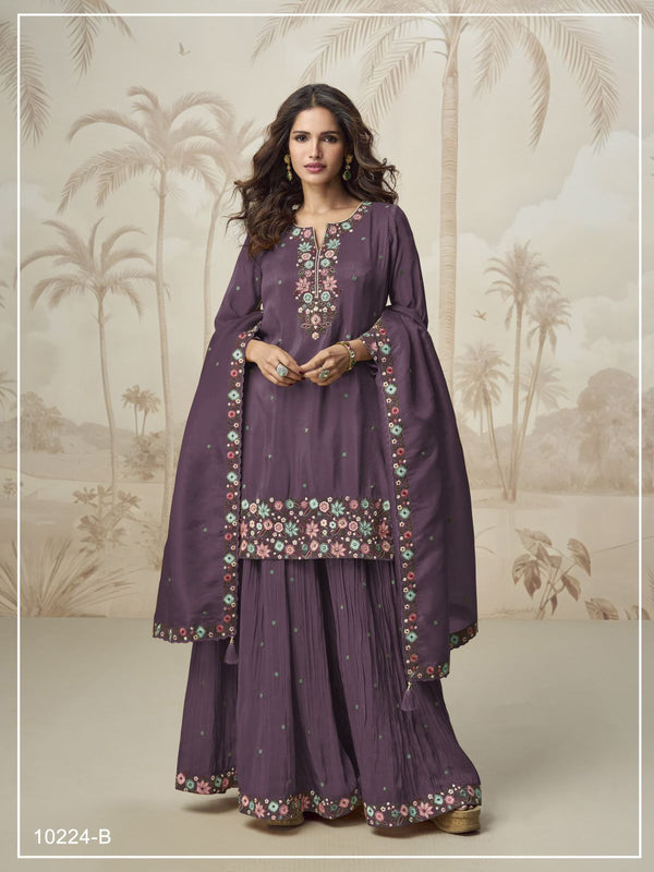 Heavy Function Wear Chinon silk With Embroidery Work Top Bottom & Dupatta