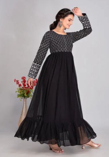 Black Embroidered Beautiful Georgette Long Anarkali Gown Dress