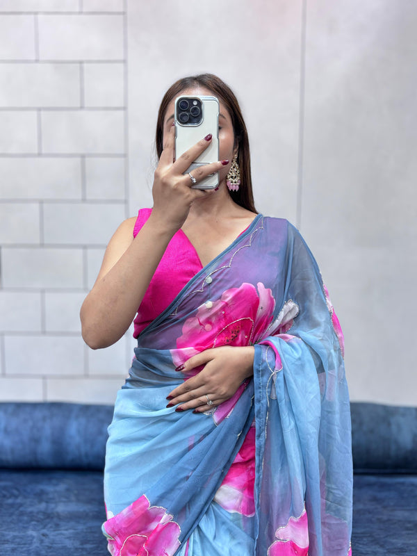 Rich And Cool Flower Print Soft Tabi Organza Shaded Sari With Blouse
