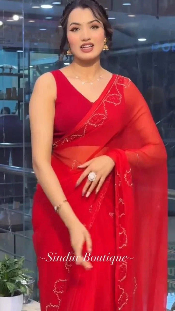 Women's Soft pure Georgette Handwork Saree ,Party Wear Sari With Blouse